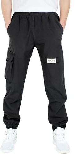 CAMLAKEE Pantalon de Randonnée Softshell Enfants Garçons Pantalon Cargo Extérieur Imperméable Pantalons de Jogging de Marche avec Taille élastique Noir 8-9 Ans Taille: 140