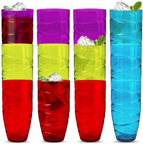 HEFTMAN Plastic Tumblers Set of 12-550ml Acrylic Tumbler Glasses with Swirl Design, Stackable Re-usable Plastic Glasses for Garden, Picnics, Camping, BBQs, Parties or Everyday Use (Coloured)