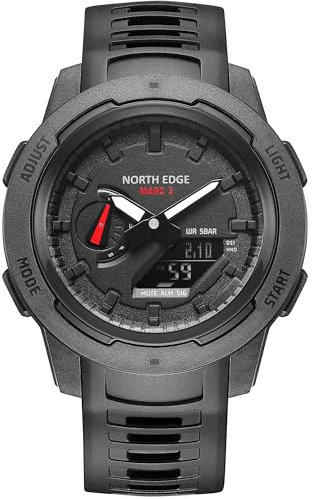 NORTH EDGE Sportuhr Herrenuhr Carbon Fibre Outdoor Uhr Wasserdicht Dual Time Alarm Clock Schwarz
