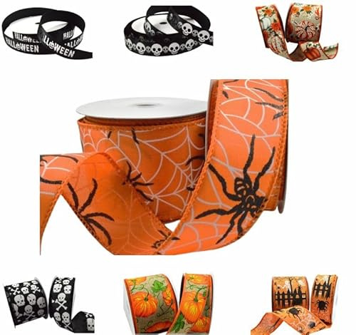 Happy Halloween Ribbon in a Range of Spooky Designs & Sizes - for Gift Wrapping, Decoration, Party Etc (Orange with Spooky Spider, 5 Metres x 38mm)