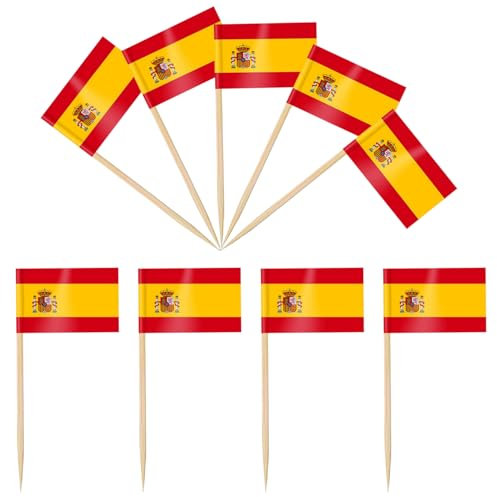 iLamvie 100 PCS Drapeau Cure-dent Espagne, Pic Drapeau Espagne pour Topper de Coupe, Cure Dent Drapeau Espagnol pour Décoration de fête, Cocktail, Fruits, Cupcakes