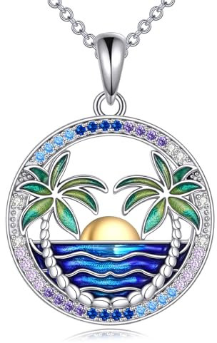 POPLYKE Palm Tree Necklace for Women Sterling Silver Ocean Wave Pendant Necklaces Palm Necklace Jewelry Gift for Mom Wife Mother