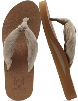 KuaiLu Tongs Femme Tissu été Flip Flops Plage et Piscine Adulte Soutien Voute Plantaire Tongue Sandales Cuir Orthopedique Yoga Mousse Antidérapantes Semelles Douche Claquette Chameau Abricot 42
