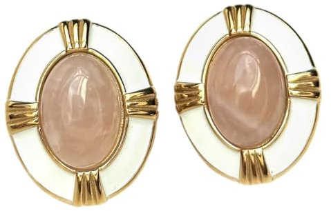 Orecchini donna a bottone grandi ovali placcati oro giallo 18K ispirati stile vintage con pietra naturale Quarzo Rosa