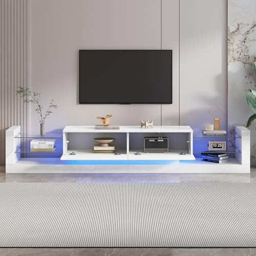 Merax White High Gloss LED TV Stand with Sliding Doors, Storage Cabinet for TVs up to 75 Inches, Modern Media Entertainment Center with Glass Shelves, USB Powered,TV Console