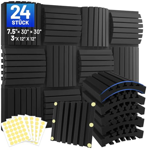 24 Stück Akustikschaumstoff Schallschutzplatten, 7.5 X 30 X 30 CM (3 X 12 X 12), Schalldämmung Selbstklebend, Akustikplatten, Schallschutz Acoustic Panel, Umfassen 150pcs Doppelseitigen Klebepads
