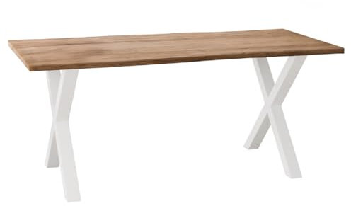 Liadomo Esstisch 120x80 Isa Natur, Baumkantentisch, Akazie Massivholz Tisch, 26mm Tischplatte Lackiert, Robust & Pflegeleicht, Unikat, X-Gestell Metall weiß