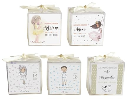 Set 12 Velas Aromáticas Bubble Personalizadas para Comunión, Aroma Chai, Incluye Cajita y Cinta, Regalo Ideal para Invitados