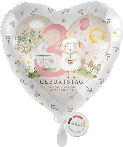 balloa Herzballon Schaf Bauernhof 3. Geburtstag, XXL Folienballon, 53 cm | Süßes Schaf im Bauernhof-Design, Herzform, XXL, heliumgeeignet, ungefüllt, Deko für Kindergeburtstag und Bauernhof Party