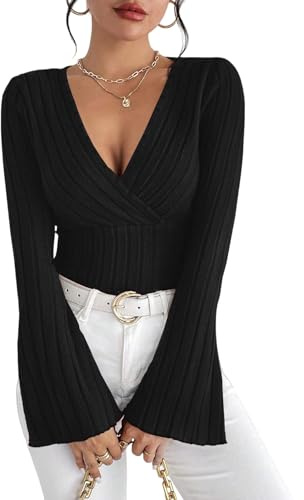 Sukiglam Women's Jumpers Sexy V Neck Long Sleeve T-Shirt Elegant Bell Sleeve Wrap Top Slim Fit Ribbed Sweater Y2k Casual Going Out Top Tight Party Blouse Ladies Fall Tops for Leggings