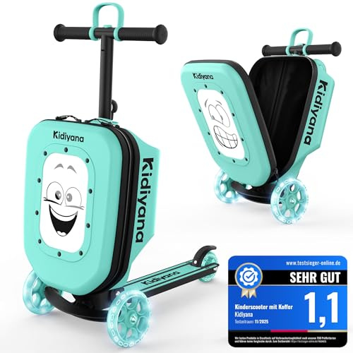 Kidiyana Kinder Scooter mit Koffer, Handgepäck Koffer mit Roller, LED-Rädern, Höhenverstellbarer Lenker, A5 Sichtfenster, 7cm Stauraumerweiterung, Kleinkind Geschenk für 2–8 Jahre, Bis 50kg, Grün