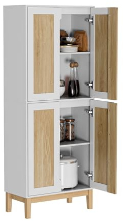 UEV Aparador Alto Multifuncional de 4 Puertas con Estantes Ajustables, para Despensa y Salón, con Diseño Moderno Bicolor, 60 x 30 x 150 cm, Blanco + Natural