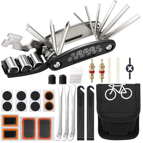 Bike Repair Kit, 16-in-1 Bike Multi Tool with Tyre Levers & Pre-Glued Patches, Portable Bicycle Puncture Tire Repair Tool Kit for Mountain Bikes, Road Bikes & Commuter