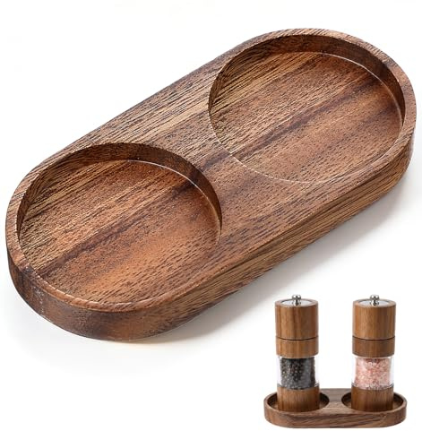 Salt And Pepper Tray, Wood Salt And Pepper Mill Tray Holder Fits Many Mills & Shakers (14.5 x 7 cm)