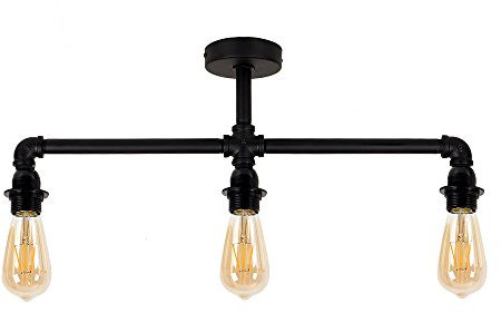MiniSun | Industrial Steampunk Style Satin Black 3 Way Bar Pipework Ceiling Light Fitting | Close-to-Ceiling Lights, Home Décor & Improvement Essential
