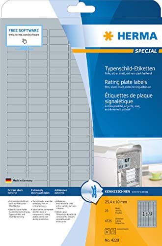 HERMA Etikett, Laser/Kopierer, auf A4-Bogen, selbstklebend, Polyesterfolie, 25,4 x 10 mm, silber, matt (4.725 Stück), Sie erhalten 1 Packung á 4725 Stück