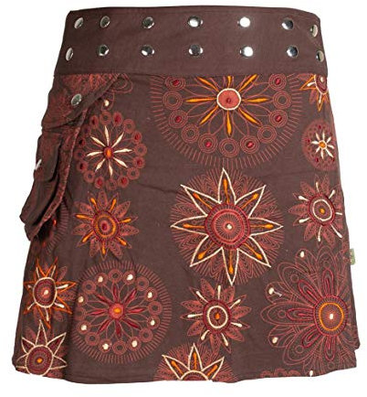 Vishes - Alternative Bekleidung - Damen Wickel-Rock Bedruckt Bestickt Blumen Mandala Gürtel-Tasche braun 34-40