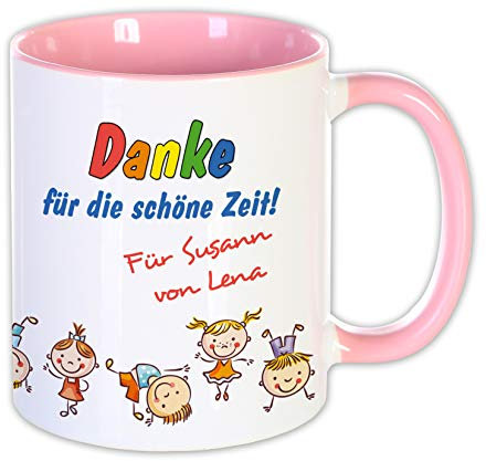 Abschieds Geschenk Kita Schule Trainer Lehrer Tasse mit Namen, Erzieherin Erzieher Kinder Danke für die schöne Zeit Kindergarten Tagesmutter (Tasse Rosa)