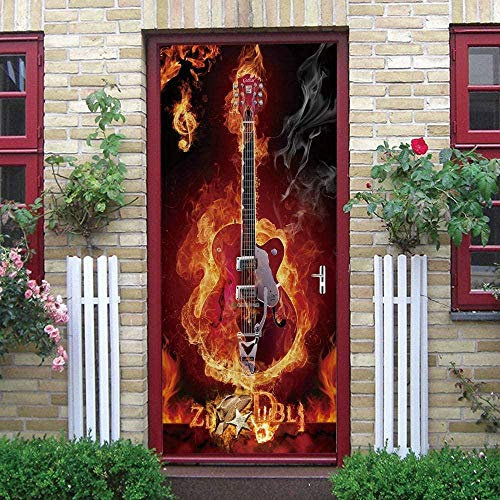 SdmmDa Türposter Selbstklebend Kinderzimmer Schlafzimmer Küche Büro Türaufkleber 90x210cm Flamme Musik Rock Gitarre Wohnzimmer Badezimmer Küche Home Dekoration Fototapete Wandaufkleber