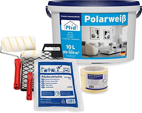 Plid® Polarweiss Innenfarbe Weiß - geruchsarme Wandfarbe & Deckenfarbe mit hohe Deckkraft - sehr ergiebig - geruchsarm - für sensible Wohn- und Arbeitsbereiche - Made in Germany (10l - Streichset)
