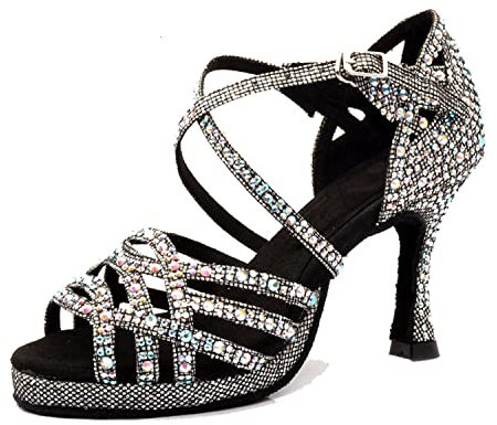 LITNERMIA Donne Peep Toe Borchiati Strass Festa di Nozze Sandali Tango Latino Scarpe da Ballo,A Grigio Glitterato Piattaforma 9cm Tacco,40 EU