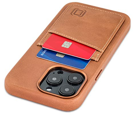 Dockem Genuine Leather Card Case for iPhone 14 Pro max with Built-in Metal Plate for Magnetic Mounting, Stitched-on Wallet with 2 Holder Slots (Light Brown, M2GL)