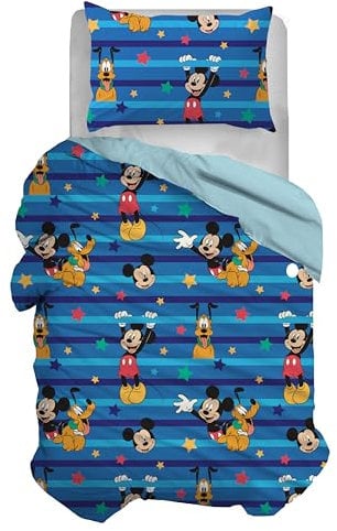 Mickey Mouse Bettwäsche-Set für Einzelbett, Baumwolle, Blau, Bettbezug 155 x 200 cm, Kissenbezug 50 x 80 cm, Disney, 100% Baumwolle, offizielles Produkt