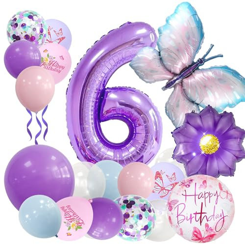 Afritee Schmetterling Ballon 6. Geburtstag MäDchen-Lila Geburtstagsdeko 6 Jahre Junge Luftballon 6. Geburtstag Geburtstagsdeko 6 Jahre MäDchen Schmetterling Sonnenblume Happy Birthday Ballons