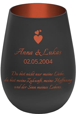 Windlicht mit Gravur ''In Love'' - Schwarz/Kupfer - personalisierbarer Glas Teelichthalter mit Namen, Daten, Wunschtext - Höhe 12 cm - Geschenk zu Valentinstag Hochzeit Verlobung Jahrestag