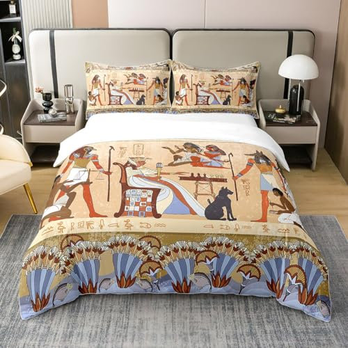 Loussiesd Altes Ägypten Bettwäsche Set 135x200cm 100% Baumwolle Stammes Betten Set für Kinder Erwachsene Ägypten Kultur Bettbezug-Set Raumdekor im ägyptischen Stil 2-teilig. Mit 1 Kissenbezug