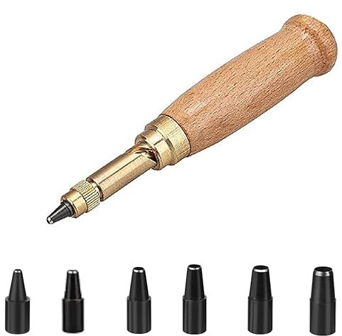 Wjelet Adjustable Screw Hole Punch, Precision Leather Screw Punch Tool with Wood Handle, 6 Tips Sizes 1.5mm to 4mm, Perfect for Bookbinding, Sewing, and Craft Projects