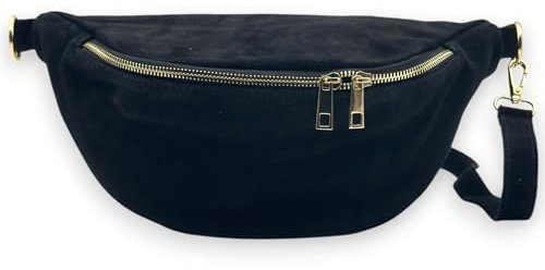 Bauchtasche Wildleder Goldener Reißverschluss Damen Umhängetasche Brusttasche Crossbody Bag Velours Gürteltasche Hüfttasche Bodybag Schultertasche (Schwarz)