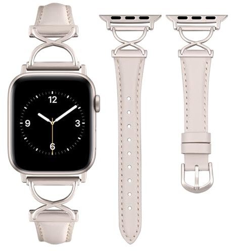 Wearlizer Leather Strap Compatible with Apple Watch 41/40/38/49/46/45/44/42mm Women, Slim Dressy Design Leather Strap for iWatch Ultra SE Series 10 9 8 7 6 5 4 3 2 1 Starlight/Starlight Buckle