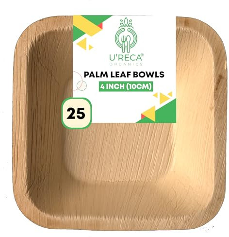 U'reca Organics Eco-Friendly Areca Palm Leaf Small Square Bowls | 4 - Pack of 25 | Perfect for Dips, Sides & Condiments | Leakproof, Sturdy, Compostable