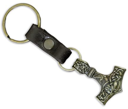 Baldur Jewelry Thorshammer-Schlüsselanhänger mit Drachenmotiv | Wikinger-Mjölnir-Schlüsselanhänger mit Thorshammer, Drachen-Knotenwerk und Schlüsselbanddetail aus Leder