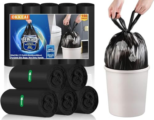 OKKEAI 150 Sacs Poubelle 10L à Poignées (45x50cm) Noirs – Sac Poubelle Résistant, Étanche, Antiperforation – Idéal pour Cuisine, Salle de Bain, Salon