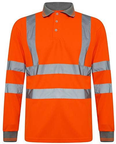 Hi Viz Long Sleeve Polo Shirts, Mens High Visibility Reflective Tape Safety Security Workwear T-Shirt Tops (Orange, XX-Large)