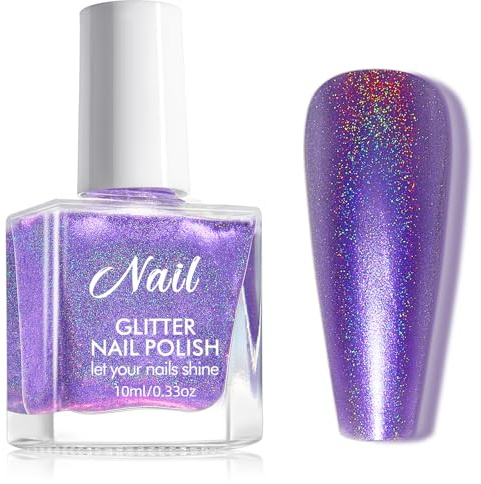 Purple Nail Polish - Holographic Nail Varnish - Glitter nail Varnish - Iridescent Nail Polish with Shimmer Rainbow Shine, 60 Seconds Quick Dry, Breathable, No Bake UV/LED, Long Lasting for Women
