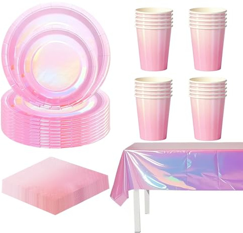 81P Colorful Laser Foil Paper Party Tableware Set,Pink Sparkling Party Paper Plates Napkins Cups for Her Birthday,Sparkling Pink Tablecloth for Christmas Dinnerware Wedding,Baby Shower Party Dec