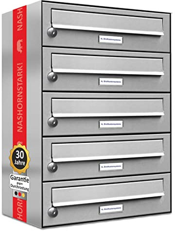 AL Briefkastensysteme 5er Briefkastenanlage Edelstahl, Premium Briefkasten DIN A4, 5 Fach Postkasten modern Aufputz