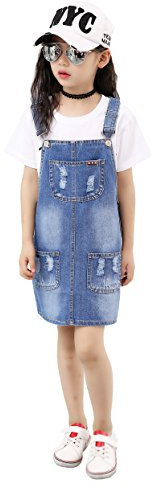 Kidscool Girls 5 Round Ripped Bibs Jeans Overalls Dress,Light Blue,12-13 Years