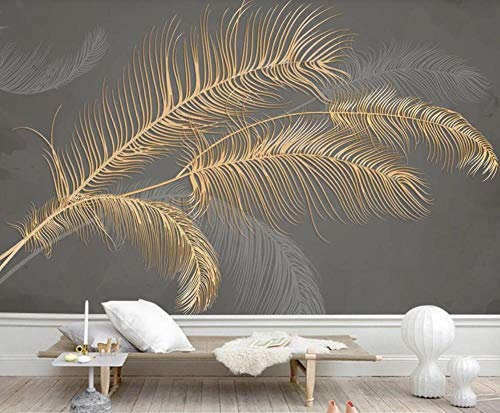 RMwallpaper Papier Peint Panoramique Plumes Gaufrées Dorées Papier Peint Intissé Tapisserie Murales Chambre Salon 350x256cm