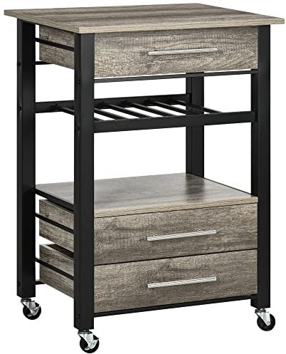 HOMCOM Carrello da Cucina Portavivande con 3 Cassetti e Mensola, Mobiletto Multiuso in Legno Truciolare, 60x50x84.5cm, Quercia