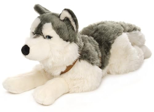 Uni-Toys - Husky mit Geschirr, liegend - 62 cm (Länge) - Plüsch-Hund - Plüschtier, Kuscheltier
