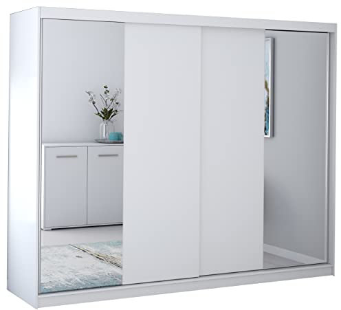 Fabryka Mebli Idźczak Kleiderschrank mit Spiegel, Wohnzimmerschrank - Weißer Schwebetürenschrank, Schlafzimmerschrank - 61 x 233 x 218 cm - Schrank für Schlafzimmer, Wohnzimmer, Garderobe
