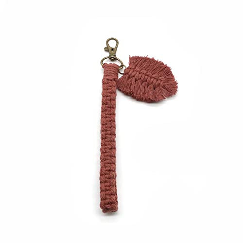 Boho-Schlüsselanhänger, Armband, handgefertigt, Makramee-Armband, Schlüsselanhänger, Handgelenk, Schlüsselband, Schlüsselanhänger für Damen, mit Blätter-Anhänger, rostrot, One size