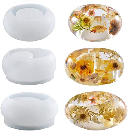 Yalulu 3Pcs Oval Tealight Candle Holder Silicone Mould Candlestick Epoxy Resin Molds, Tea Light Flower Pot Resin Casting Molds