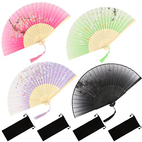 Bubuyun 4PCS Silk Fabric Hollow Carved Bamboo Handheld Folding Fans - Chinese Style Hand Fans with Tassels for Wedding, Wall, Party Decoration