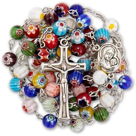 Nazareth Store Collar de rosario de cristal de Murano hecho a mano con cuentas Millefiori multicolor, medalla de tierra sagrada y crucifijo de cruz, piedra preciosa, ágata, Zinc, No es una piedra