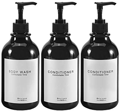 GOYISEE Douche Mur 3 Chambre shampooing et revitalisant Distributeur, Bouteille Rechargeable de shampooing et revitalisant avec étiquette imperméable à l'eau (3 Bouteilles Noires)